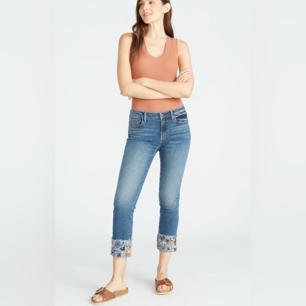 DRIFTWOOD Blue Cropped Jeans with Floral Cuffs